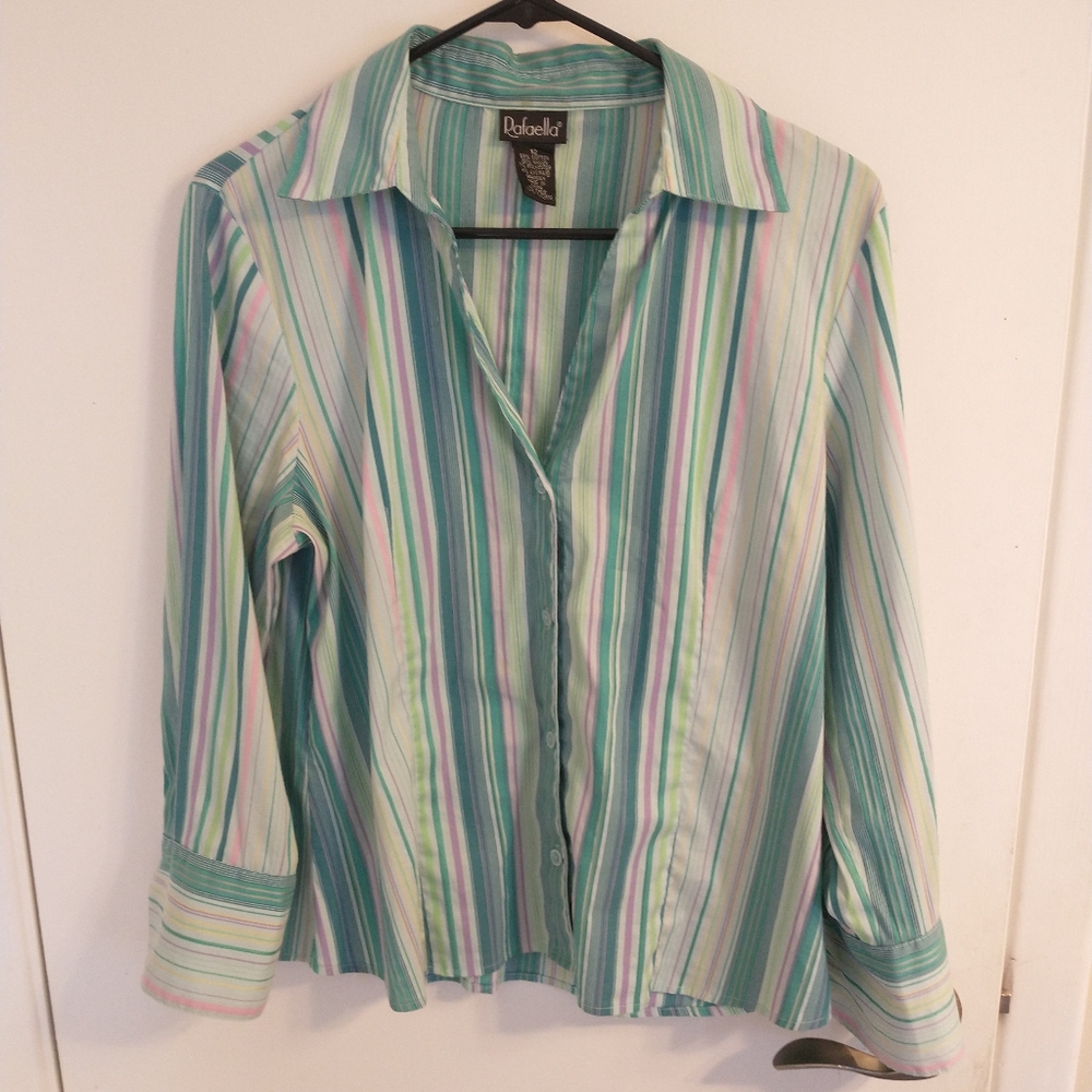 Rafaella Striped Button Up Spring Colors Long Sleeve Cuffed Green Purple Pink